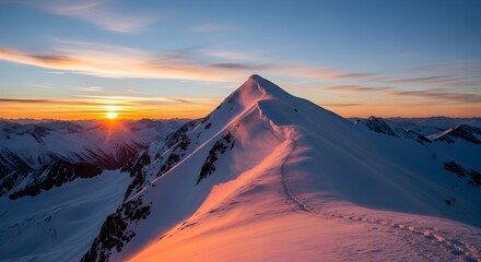 Naklejka premium Snow covered mountain peak bathed in warm orange and pink sunset light clear sky with wispy clouds