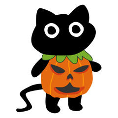 A cartoon black cat wearing a pumpkin costume.