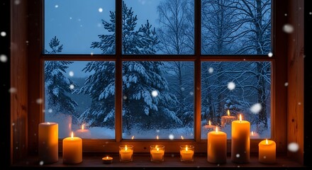 Naklejka premium Cozy Winter Scene - Candles Illuminate a Snowy Window View.