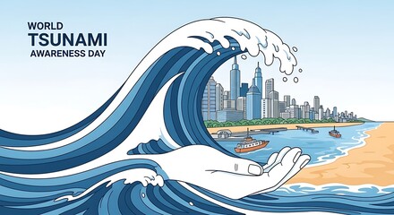 Conceptual illustration of a protective hand stopping a giant tsunami wave from hitting a coastal city skyline
