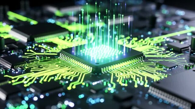 Close-up of a central processing unit (CPU) chip, with circuits highlighted in glowing green. Data pathways emanate from the chip