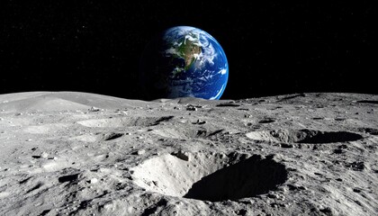 A breathtaking view of Earth from the Moon's cratered surface, a blue marble suspended in the cosmic void, symbolizing humanity's quest for discovery and space exploration