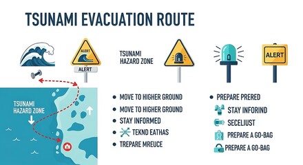 A comprehensive infographic detailing a tsunami emergency action plan with safety instructions for coastal evacuation and disaster preparedness