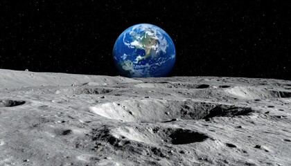 Earthrise over lunar craters a view from the Moon's surface