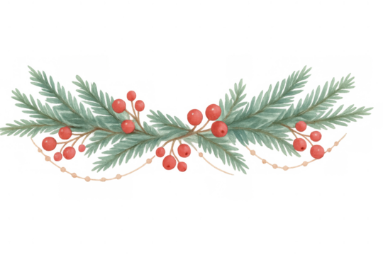 Watercolor christmas fir branch garland with red berries and golden beads, festive holiday vector on transparent background