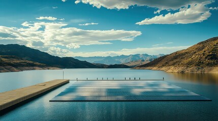 Solar energy installation on serene lake mountainous region aerial view nature's beauty and sustainability