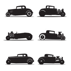 Set of hot rod car silhouettes isolated on white background