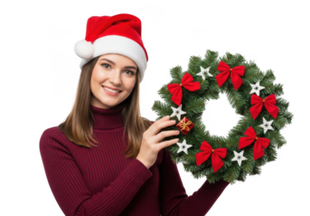 A smiling woman in a santa hat holding a christmas wreath