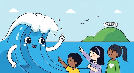 Cartoon Wave Guiding Children Towards Safety Zone on a Coastal Scene