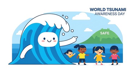 World Tsunami Awareness Day Illustration with Cute Wave Character and Children