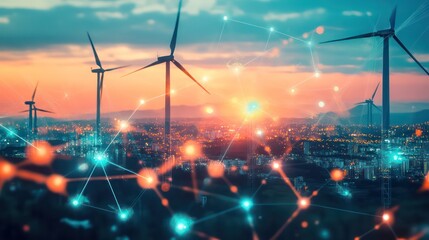 Renewable energy revolution wind farms sunset digital network visualization urban landscape aerial view future sustainability