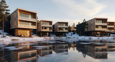 Obraz premium Winter Architecture Modern Wooden Cabins Reflecting on a Frozen Lake Scene