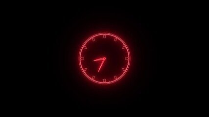 A glowing red neon clock face against a dark black background symbolizing time passing and urgency