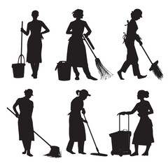 Cleaning lady silhouette set for house cleaning services isolated on white background