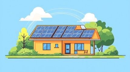 Solar powered home design urban neighborhood illustration eco-friendly environment aerial view sustainable living concept