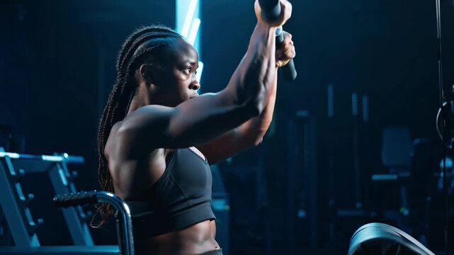 Muscular african american woman performing intense strength workout using cable machine in dark modern gym setting