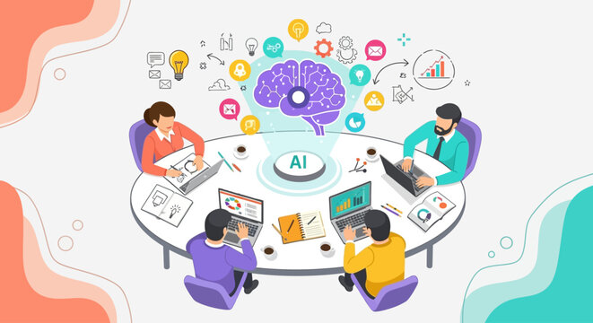 Dynamic team collaborates on AI innovation project, brainstorming ideas around a central brain graphic with glowing icons symbolizing technology and growth.