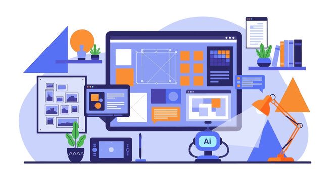 Creative digital workspace with AI robot and design tools inspires innovation and modern workflow for tech startups
