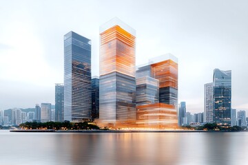 Modern Architecture Skyscrapers with Reflection in Water under Overcast Sky