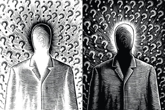 Solve your business mysteries with this thought-provoking illustration of faceless figures surrounded by questions, a concept for uncertainty and decisions