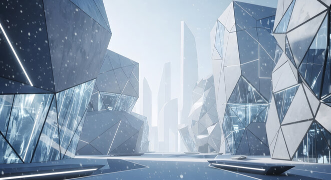 Futuristic Winter Architecture featuring abstract geometric buildings and glistening snow-covered cityscapes, creating a serene and advanced urban environment - Powered by Adobe