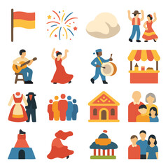 Naklejka premium Culture and Festivity Icons: A vibrant collection of icons representing various elements of culture, encompassing music, dance, celebrations, and traditions.