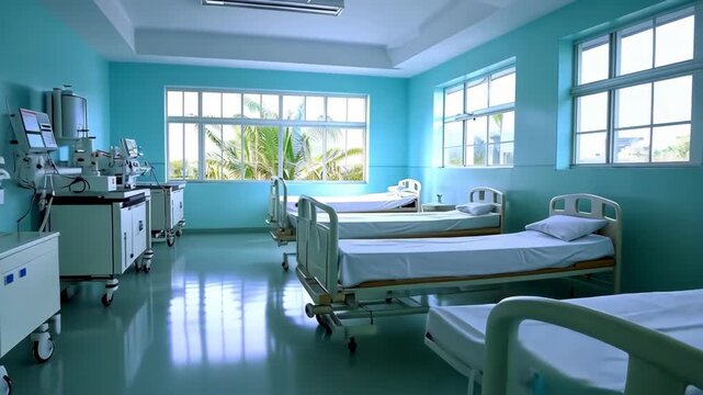 Bright, clean hospital room with empty beds and medical equipment. Serene atmosphere.