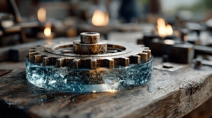 Creative steampunk gear design, innovative industrial mechanic abstract concept artwork