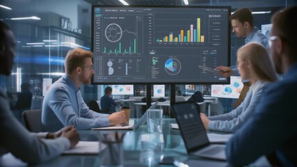 Team collaborates during meeting in a high tech office, discussing business strategy, with charts and data visualization displayed - Powered by Adobe