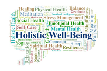 Holistic Well-Being Word Cloud. Core Concepts Of Health, Balance, Mindfulness, Wellness, And Harmony Across Physical, Mental, Emotional, And Spiritual Dimensions.