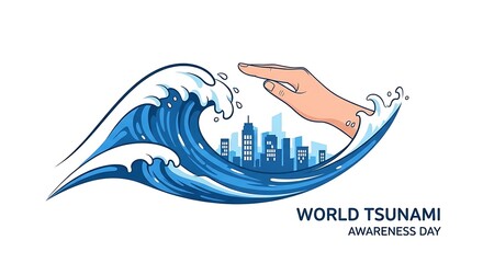 Powerful illustration depicting a massive tsunami wave engulfing a city skyline, with a caring hand positioned above, symbolizing protection, awareness, and disaster preparedness