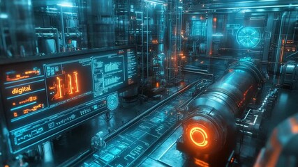Futuristic digital control room with glowing machinery - Powered by Adobe