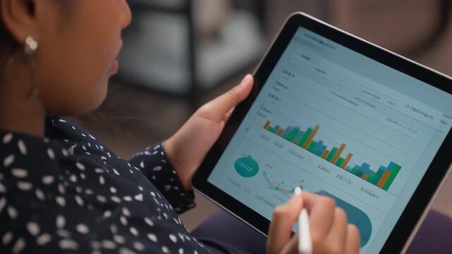 Close-up of business professional analyzing financial data on a digital tablet device - Powered by Adobe