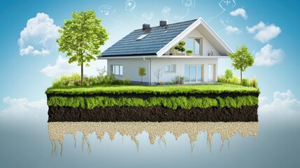 Innovative sustainable home design urban environment digital art nature integration aerial view eco-friendly concept