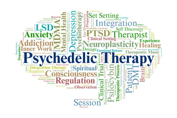 Psychedelic Therapy Word Cloud. Composition Of Terms Related To Psilocybin, MDMA, Clinical Sessions, Integration, And Neuroscience-Based Mental Health Approaches.