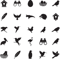 Bird Silhouette icon collection. Includes Silhouette symbols bird, feather, egg, nest, birdhouse, binoculars and more. Isolated icons. Bird icon set. 