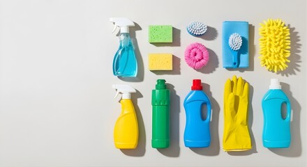 A collection of cleaning tools including a bottle of detergent, sponge, soap, soap gloves, and spray bottle
