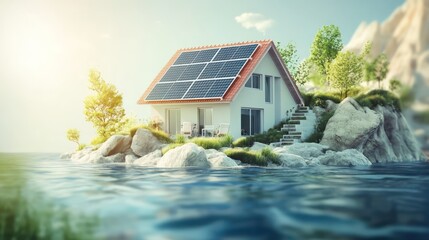 Sustainable living solar-powered house on coastal island architectural design nature bright environment serene view