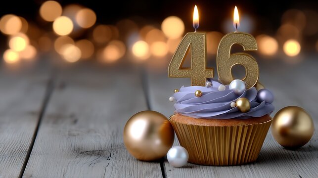 Elegant birthday cupcake with golden candles and festive decorations for celebration - Powered by Adobe