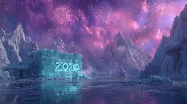 Iceberg with Zozo Logo Under Colorful Fireworks in Arctic Landscape