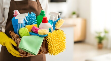 woman holding a cleaning wooden bucket filled with various cleaning supplies 