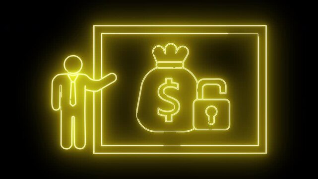 Yellow neon outline of a presenter money bag unlocked padlock all within a rectangular border against a black backdrop
