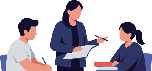 Students Learning From Teacher With Books Flat Design Minimal Illustration White Background