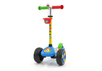 Colorful Three-Wheeled Kids Scooter with Basket and Animal Designs.