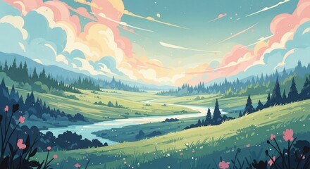 A serene landscape depicts a valley with a winding river under a colorful sky.