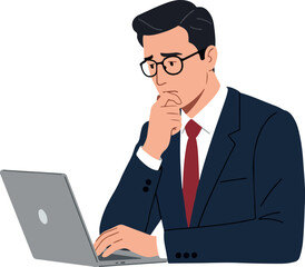 Thoughtful Businessman In Navy Suit Using Laptop White Background Isolated Vector