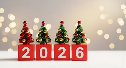 2026 number block in red with christmas tree on background