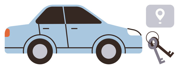 Naklejka premium Blue car alongside a pair of keys and a location pin. Ideal for travel, automotive, navigation, logistics, safety, vehicle sharing, or rental. Clean and simple flat metaphor