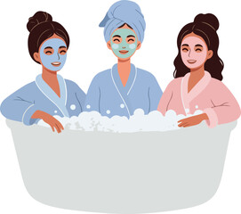 Three Women Enjoy Spa Day Relaxing In Bathtub With Face Masks