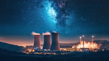 Power plant emission control industrial site nighttime photography cosmic night sky wide-angle view environmental impact